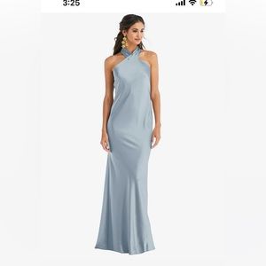 DESSY / LOVELY DRAPED TWIST HALTER TIE-BACK TRUMPET GOWN IN SILVER DOVE